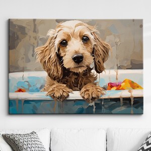 May include: A brown and white dog with floppy ears sits in a blue bathtub. The dog is looking at the camera with a curious expression. The bathtub is filled with water and there are some colorful toys floating in the water.