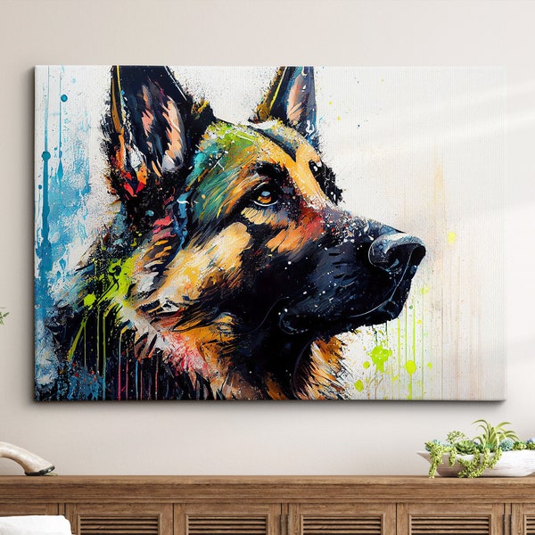 German Shepherd Abstract Dog Pet Animal Painting Splatter Wall Art, Framed Canvas Poster Print, Home Kitchen Office Room Decor, Gifts