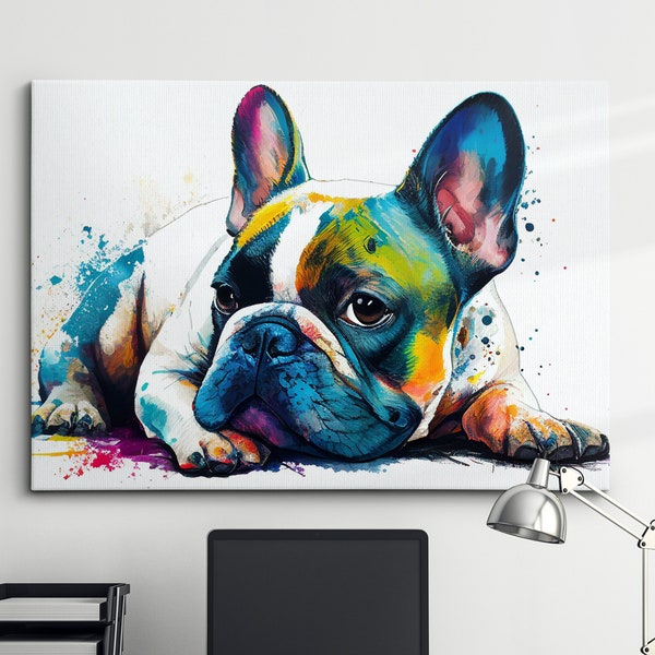 Colorful French Bulldog Dog Pet Abstract Modern Oil Painting Wall Art, Framed Canvas Poster Print, Home Kitchen Office Room Decor, Gifts