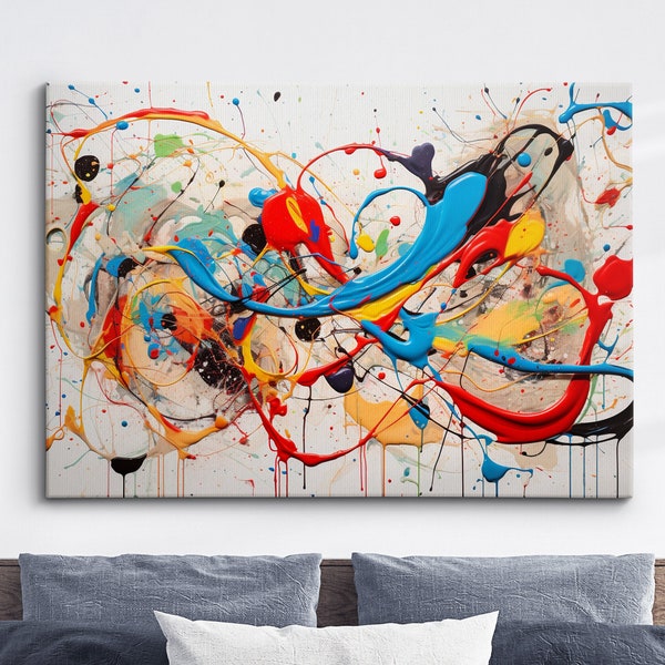 Colorful Paint Splash Abstract Oil Painting Splatter Style Wall Art, Framed Canvas Poster Print, Home/Office Room Decor, Gifts