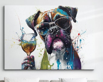 Boxer With Wine Glass Dog Pet Abstract Modern Painting Wall Art, Framed Canvas Poster Print, Home Kitchen Office Room Decor, Gifts