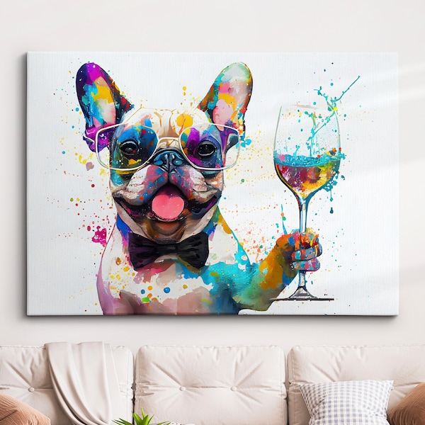 French Bulldog Toasting Drink Dog Pet Abstract Modern Painting Wall Art, Framed Canvas Poster Print, Home Kitchen Office Room Decor, Gifts