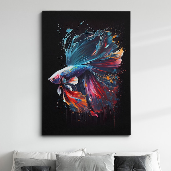 Betta Fighting Fish Swimming Pet Aquarium Painting Splatter Wall Art, Framed Canvas Poster Print, Home Kitchen Office Room Decor, Gifts