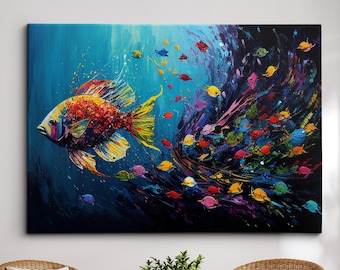 Fish Shoal Swimming Painting Splatter Colorful Swimming Wall Art Framed Canvas Poster Print, Home/Office Room Decor Gifts