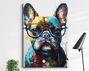 French Bulldog With Glasses Dog Pet Abstract Modern Painting Wall Art, Framed Canvas Poster Print, Home Kitchen Office Room Decor, Gifts