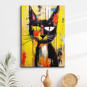 Fun Cat Picasso & Basquiat Abstract Oil Painting Style Wall Art, Framed Canvas Poster Print, Home Kitchen Office Room Decor, Gifts