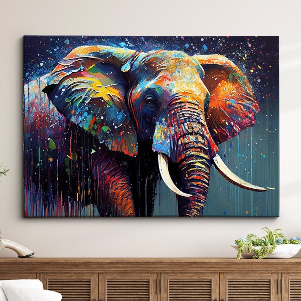 Elephant Animal Abstract Oil Painting Colourful Paint Splatter Style Wall Art Framed Canvas Poster Print, Home/Office Room Decor Gifts