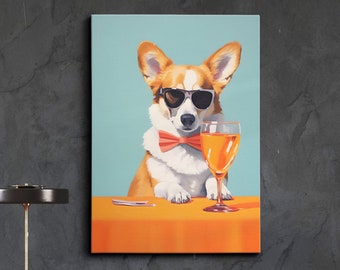 Corgi With Glasses Drinking Fun Animal Dog Pet Lover Abstract Wall Art, Framed Canvas Poster Print, Home Kitchen Office Room Decor, Gifts