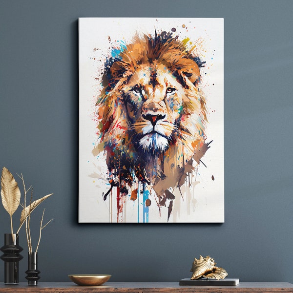 Lion Head Animal Abstract Modern Jungle Wild Oil Painting Splatter Style Wall Art Framed Canvas Poster Print, Home/Office Room Decor Gifts
