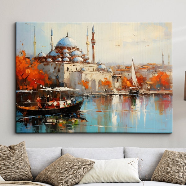 Istanbul River Mosque Turkey City Landmark Oil Painting Style Wall Art Framed Calming Canvas Poster Print Home/Office Room Decor Gifts