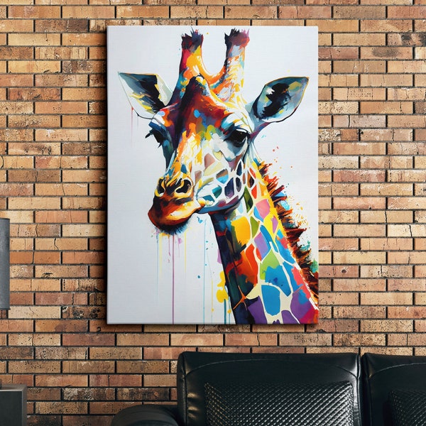 Colorful Giraffe Head Abstract Oil Painting Splatter Style Wall Art, Framed Canvas Poster Print, Home Kitchen Office Room Decor, Gifts