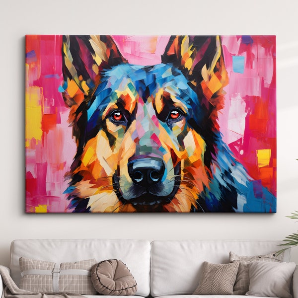 German Shepherd Fun Animal Dog Pet Lover Abstract Oil Painting Wall Art, Framed Canvas Poster Print, Home Kitchen Office Room Decor, Gifts