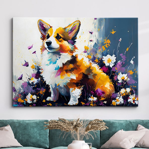 Corgi Fun Animal Dog Pet Lover Abstract Oil Painting Wall Art, Framed Canvas Poster Print, Home Kitchen Office Room Decor, Gifts