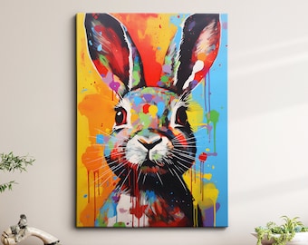 Colorful Rabbit Animal Abstract Oil Painting Splatter Style Wall Art, Framed Canvas Poster Print, Home Kitchen Office Room Decor, Gifts