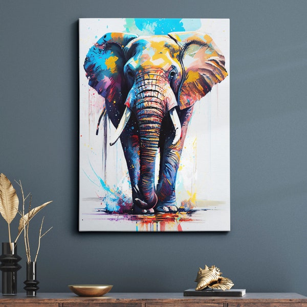 Elephant Animal Abstract Oil Painting Colourful Paint Splatter Style Wall Art Framed Canvas Poster Print, Home/Office Room Decor Gifts