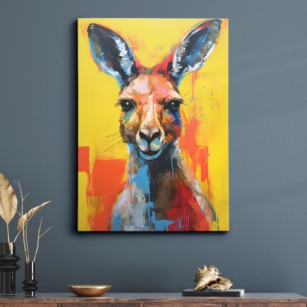 Colorful Kangaroo Animal Abstract Oil Painting Splatter Style Wall Art, Framed Canvas Poster Print, Home Kitchen Office Room Decor, Gifts