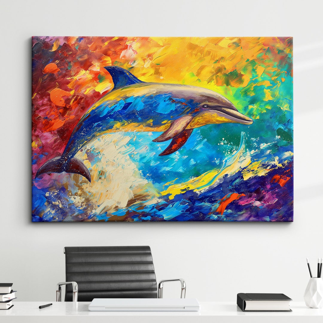 Dolphin Animal Sea Ocean Life Abstract Modern Painting Wall Art, Framed ...