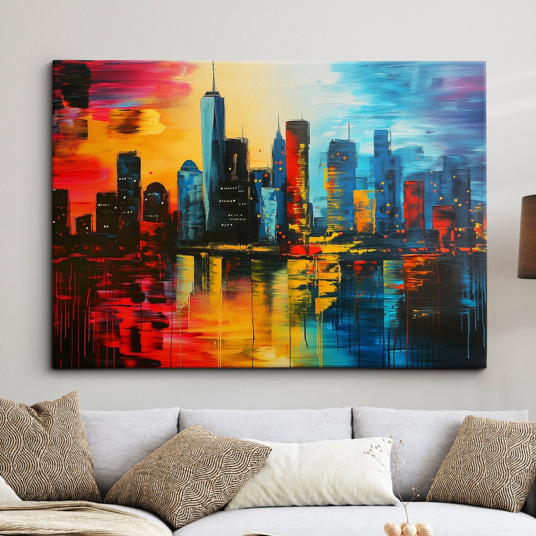 New York City Skyline Sunset America Landmark Oil Painting Style