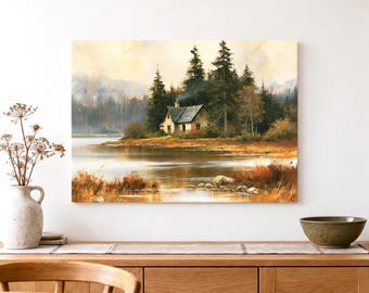Lakeside Cottage Canvas Wall Art, Moody Forest Landscape Painting in Autumn Tones, Rustic Cabin Decor for Living Room or Housewarming Gift