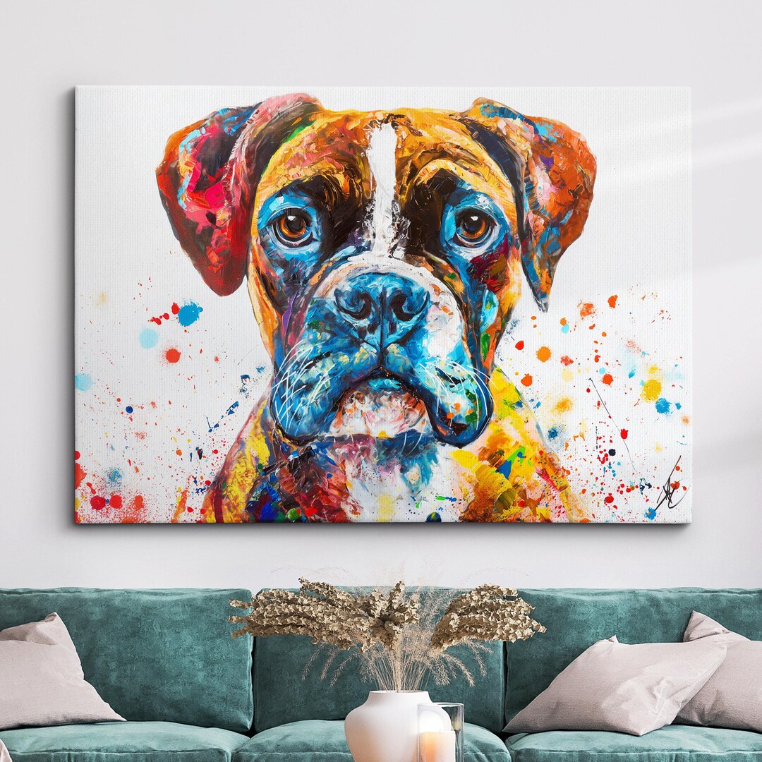 Colorful Boxer Dog Pet Abstract Modern Oil Painting Wall Art, Framed ...