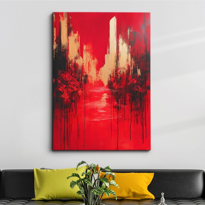 Modern Abstract Red & Gold Cityscape Geometric Oil Painting Wall Art ...