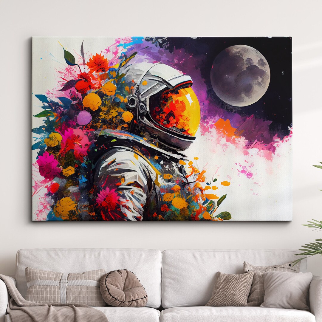 Astronaut Flower Floral Space Floating Moon Abstract Oil Painting Wall ...