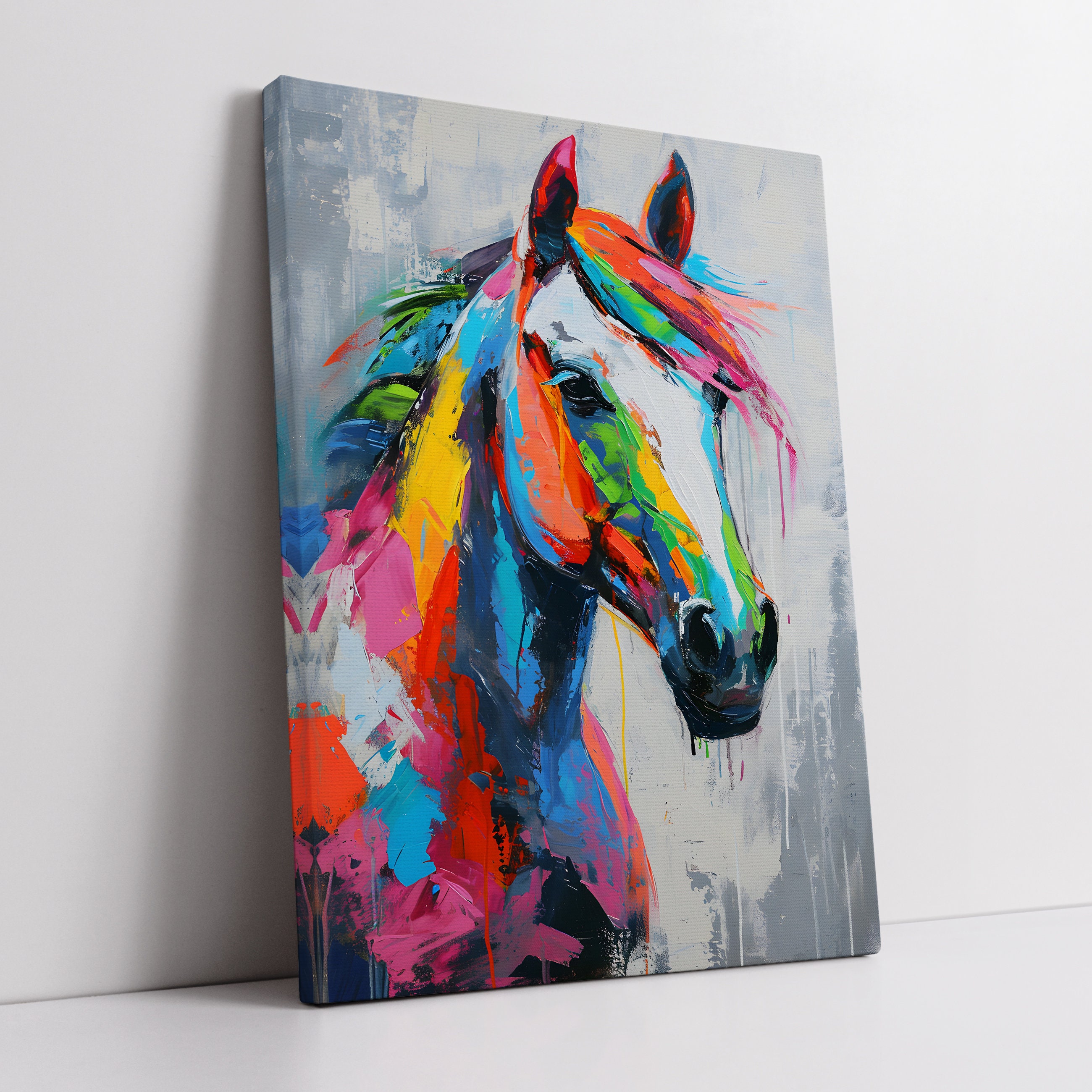 HORSE 油絵アート Colorful Horse Fun Animal Lover Abstract Oil Painting Wall Art
