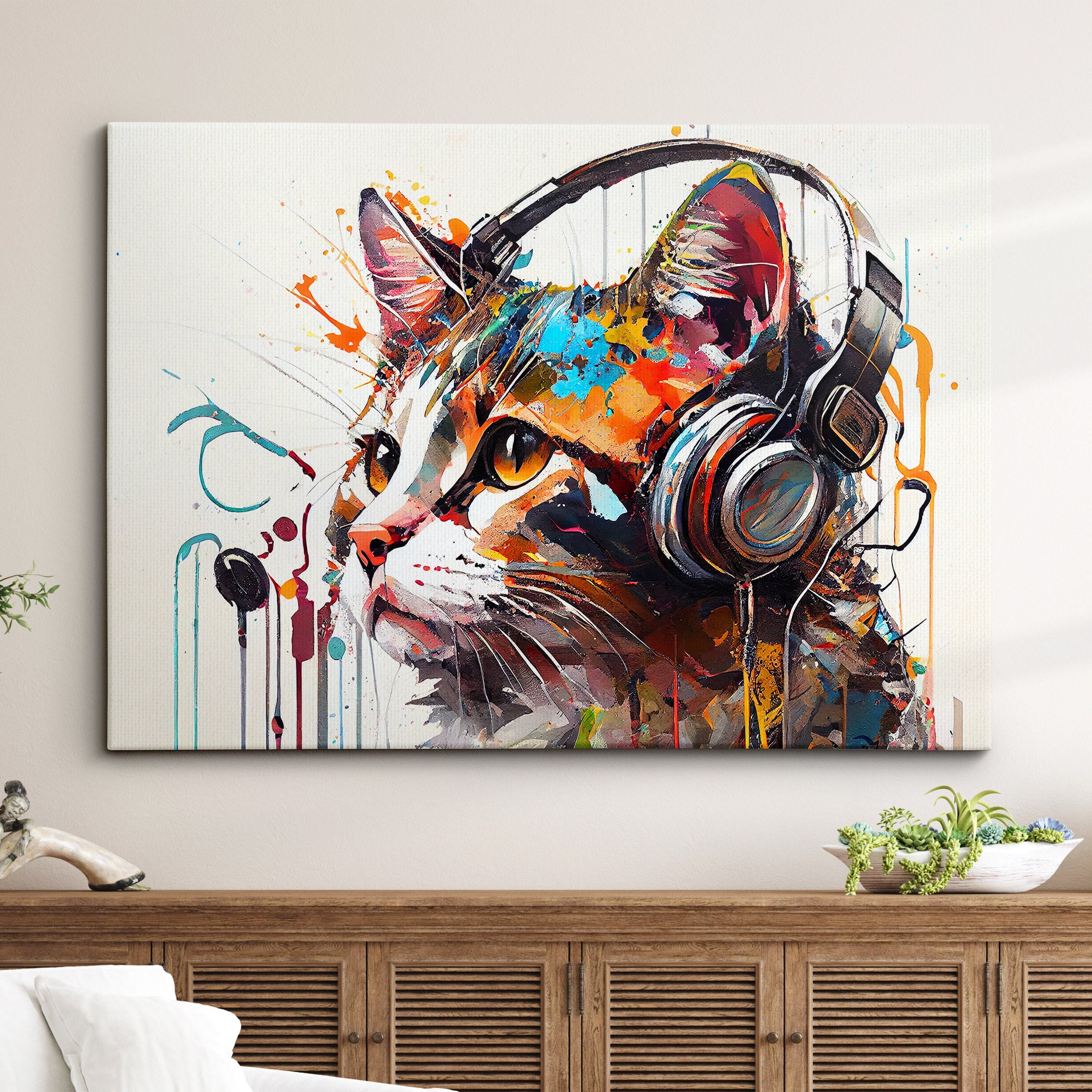 Cat Headphones DJ Pet Abstract Animal Oil Painting Splatter Style