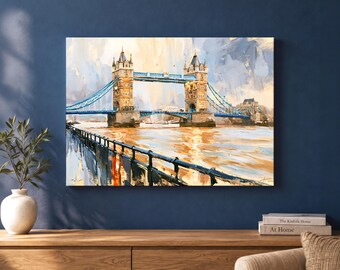 Tower Bridge London canvas wall art, impressionist Thames river painting in blue and gold, cosy living room decor and gift for London lovers
