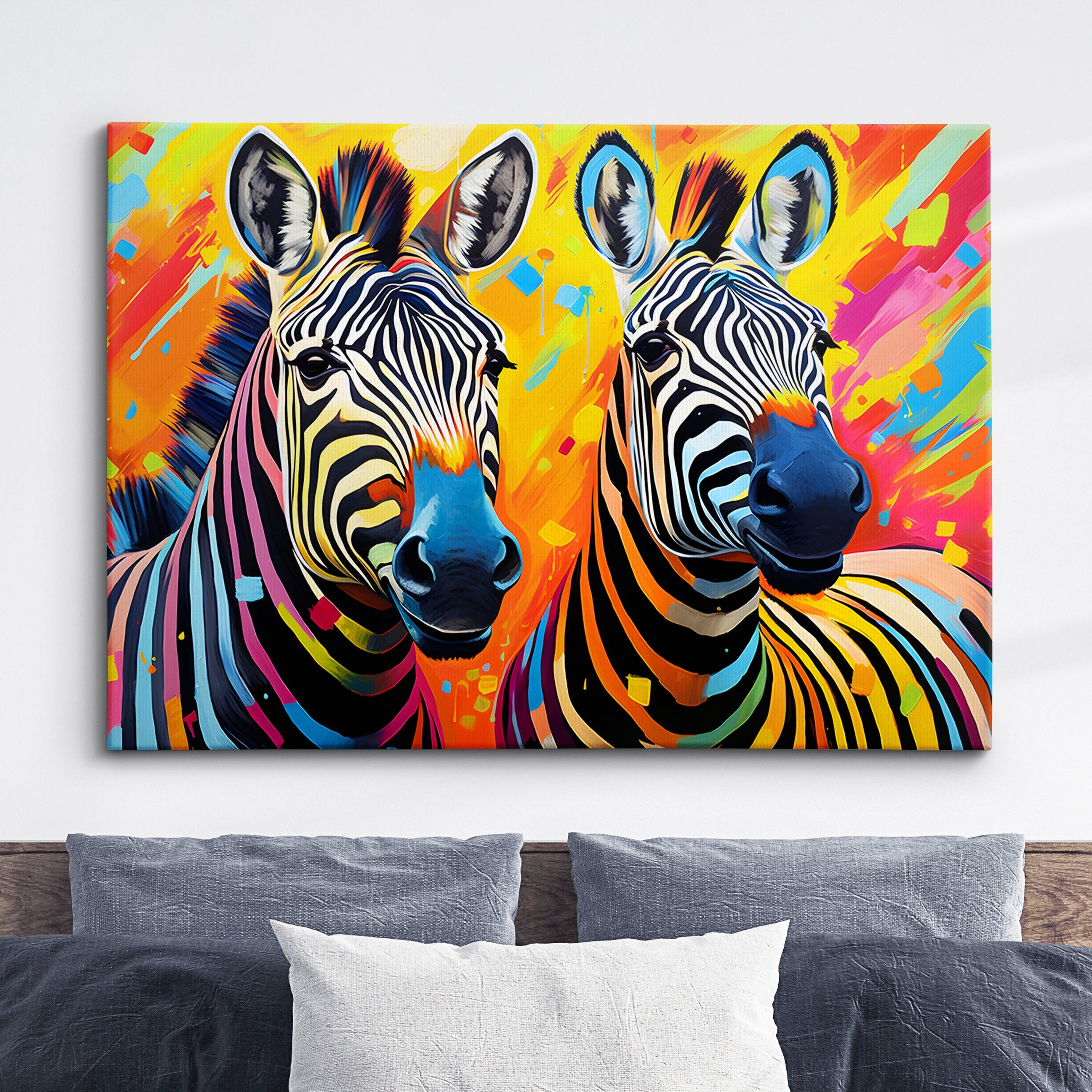 Pair Of Zebras Animal Abstract Oil Painting Colourful Paint Splatter Style Wall Art Framed Canvas Poster Print, Home/Office Room Decor Gifts