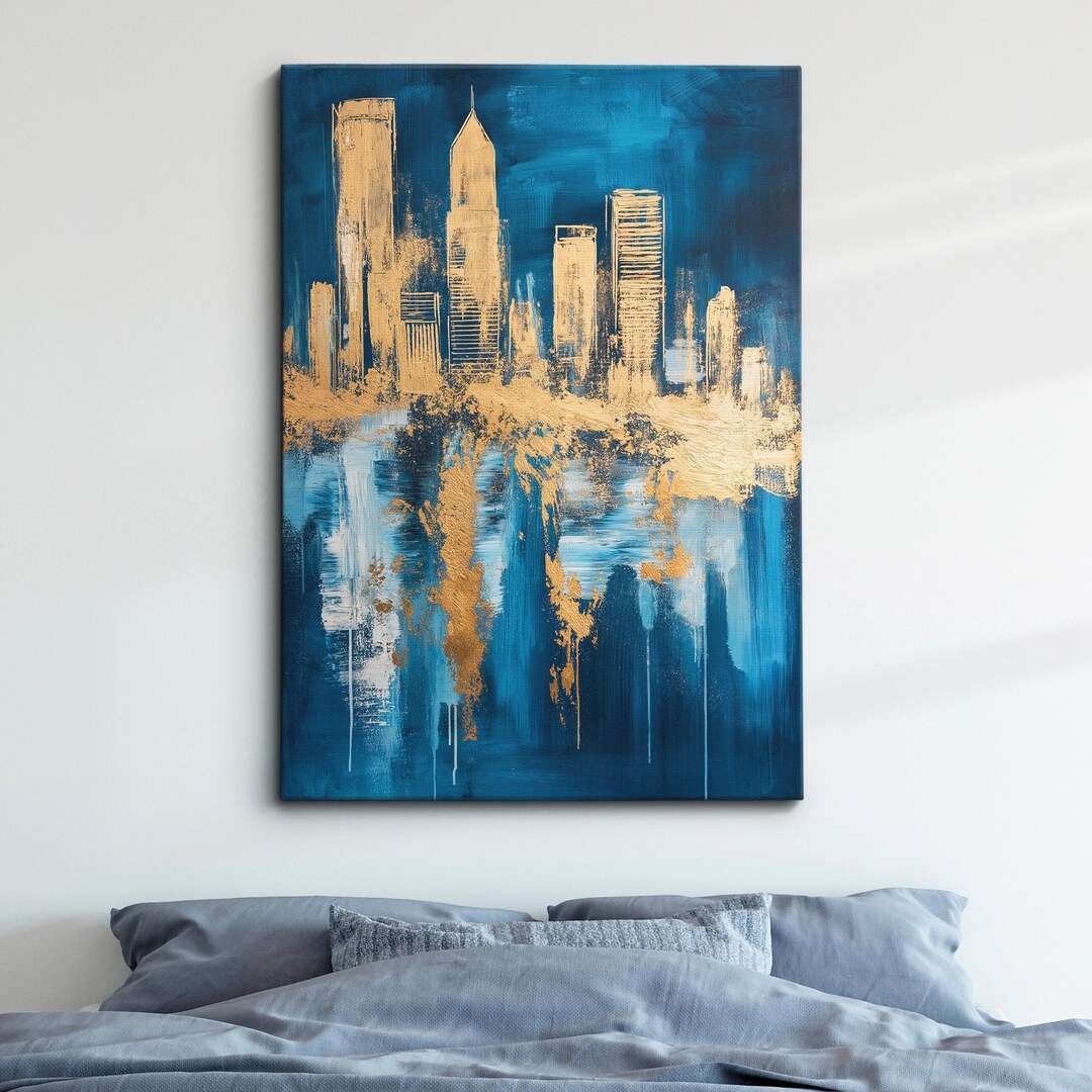 Modern Abstract Cityscape Canvas | Blue & Gold Skyline Wall Art ...