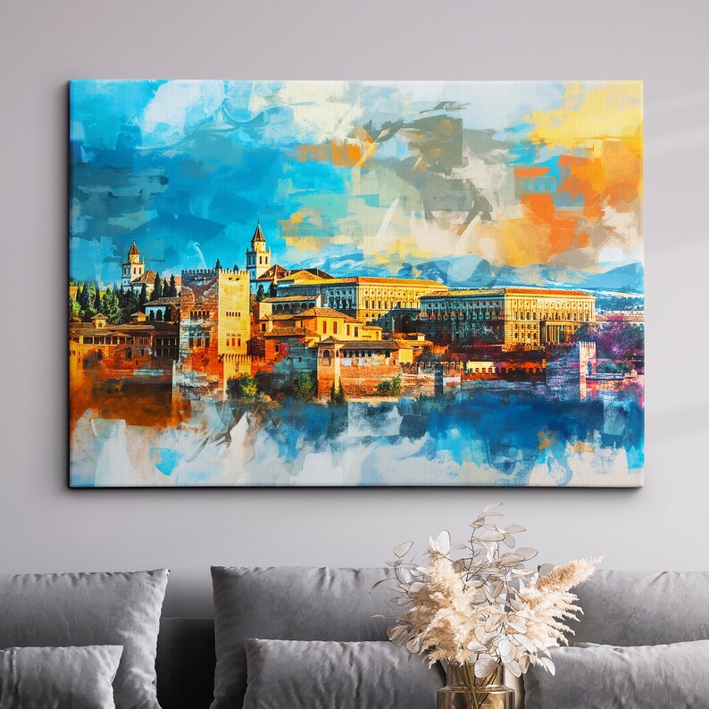 Spanish Skyline Abstract Cityscape Pastel Oil Painting Wall Art, Framed Canvas Poster Print