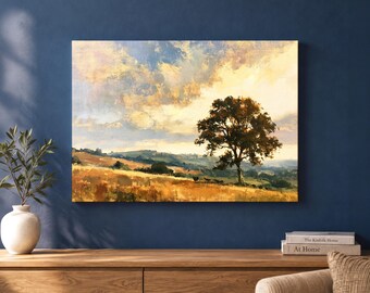 Lone Tree Landscape Canvas Wall Art, Warm Golden Countryside Painting, Rustic Nature Decor for Living Room, Bedroom or Housewarming Gift