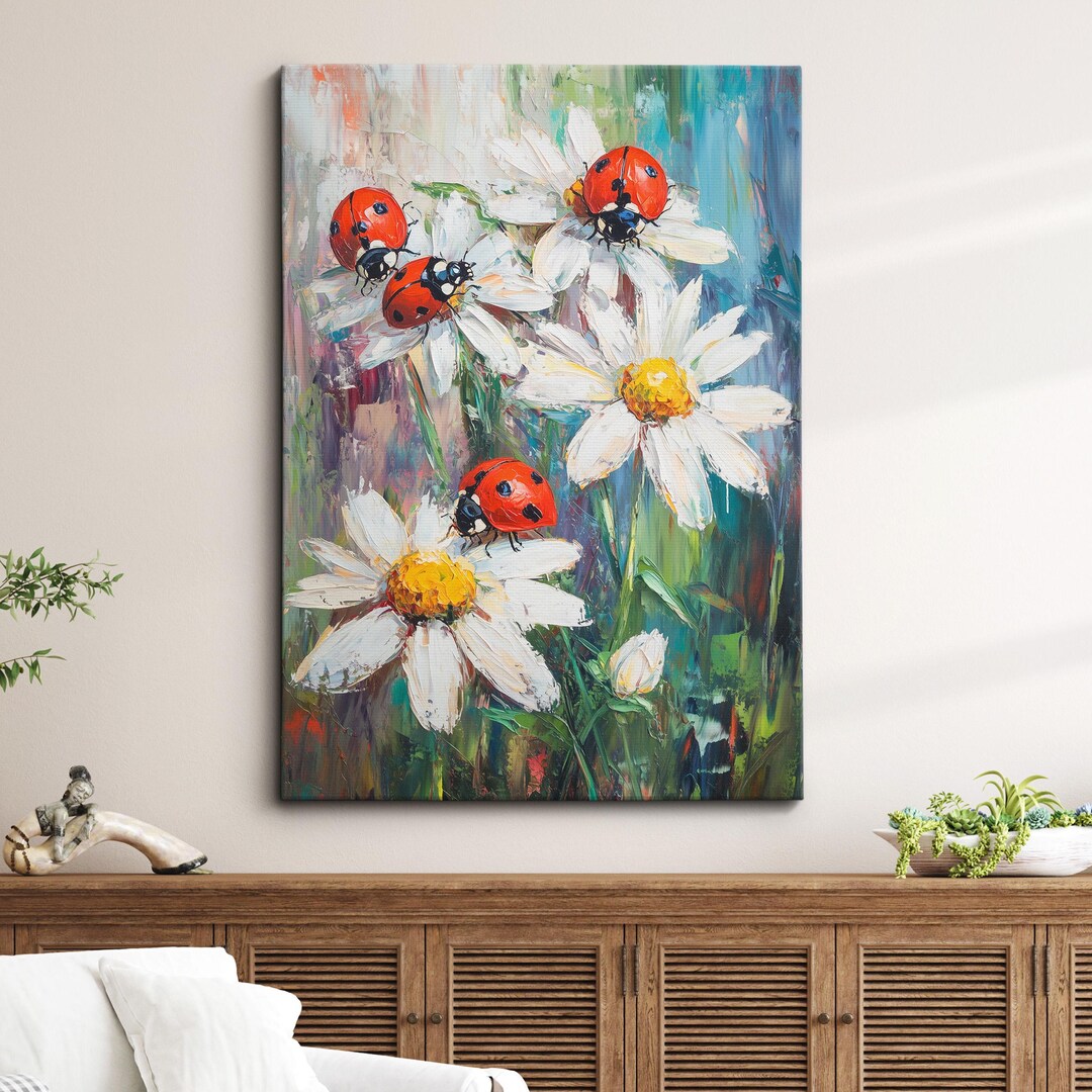 Daisy and Ladybug Canvas Wall Art · Colorful Wildflower Painting ...