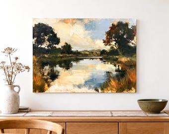 River Landscape Canvas Wall Art, Moody Autumn Trees and Reflective Water Painting, Rustic Country Living Room Decor, Nature Lover Gift Idea