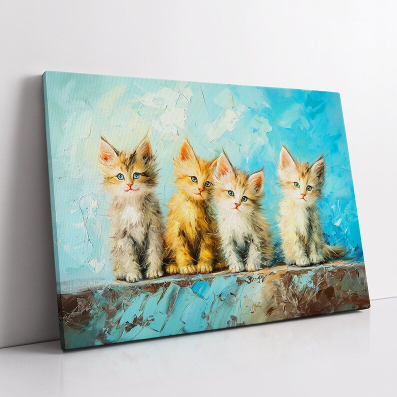 Cats Sat on a Wall Pet Abstract Modern Painting Wall Art, Framed Canvas