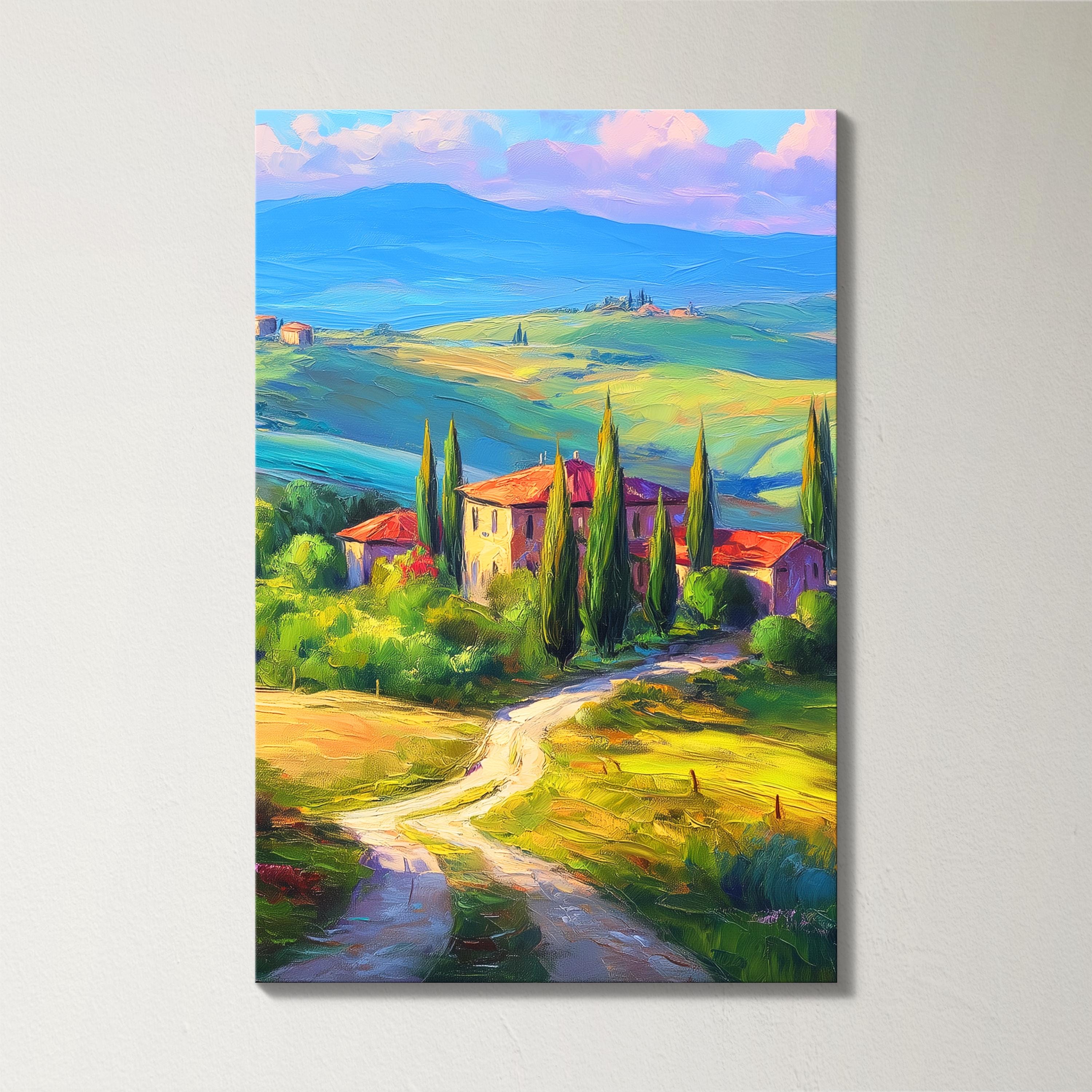 Tuscany Rolling Hills 3 Panel Split Canvas Wall Art Cypress Trees