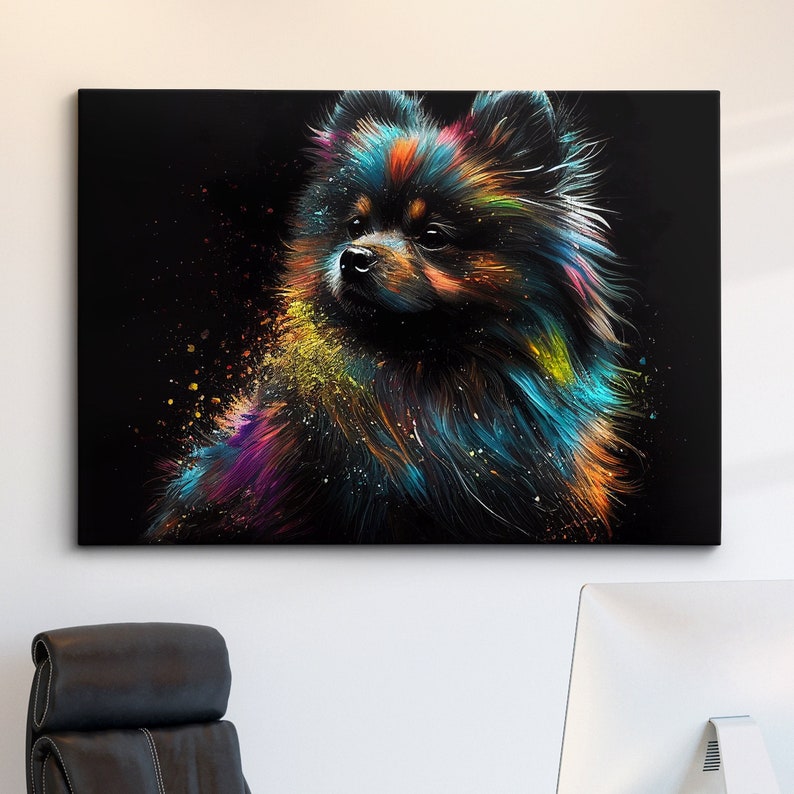 May include: A colorful abstract painting of a fluffy dog with a black background. The dog's fur is painted in shades of blue, green, yellow, orange, and purple.