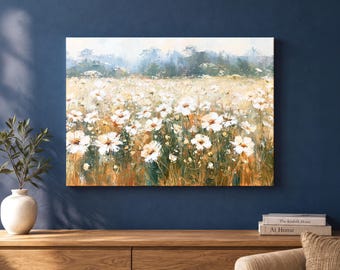 White Daisy Meadow Canvas Wall Art, Impressionist Wildflower Landscape in Cream and Sage, Country Living Room Decor, Gift for Nature Lovers
