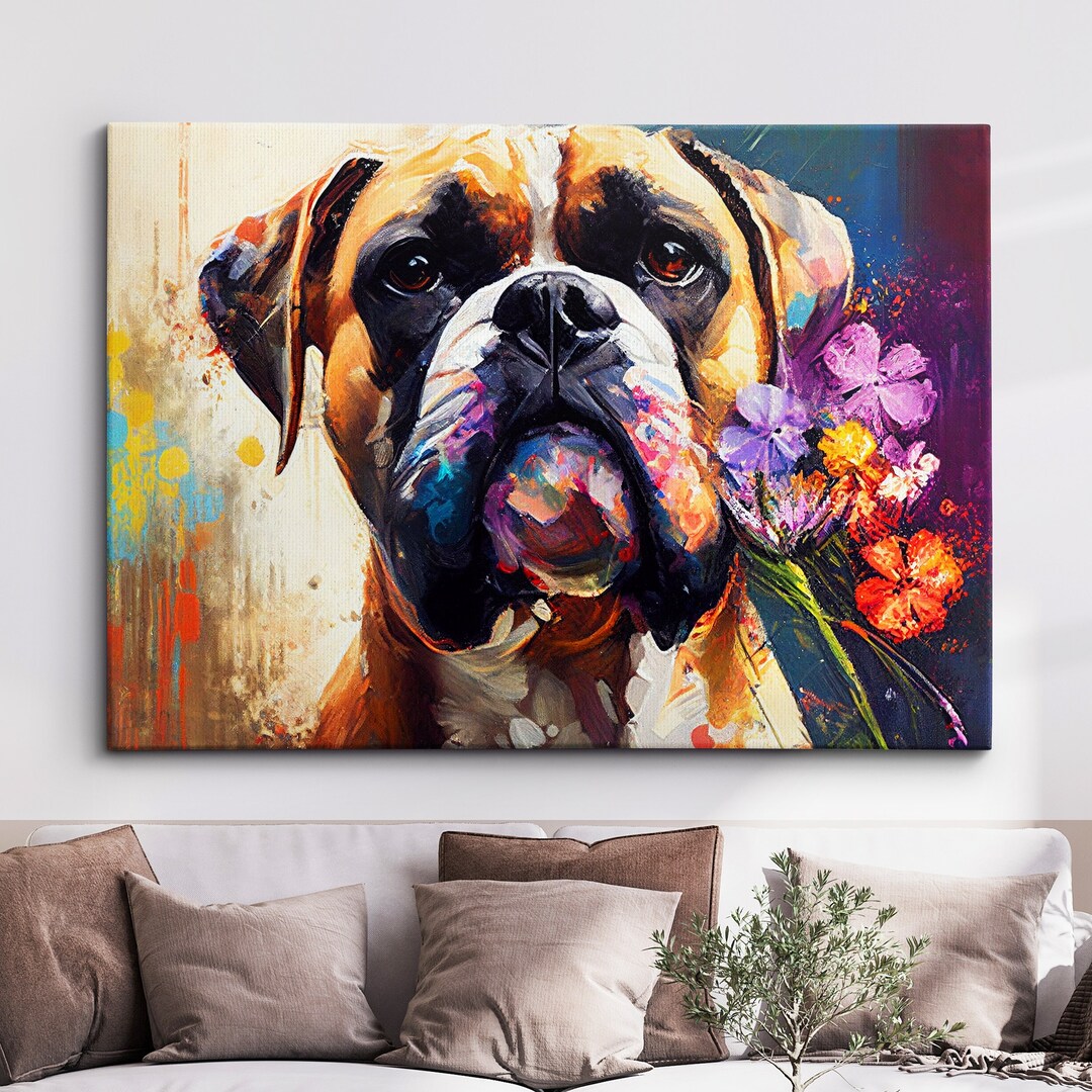 Boxer With Flowers Dog Pet Abstract Modern Oil Painting Wall Art