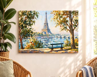 Eiffel Tower Canvas Wall Art, Paris Seine Impressionist Landscape in Blue and Gold, French Travel Decor for Living Room, Paris Lover Gift