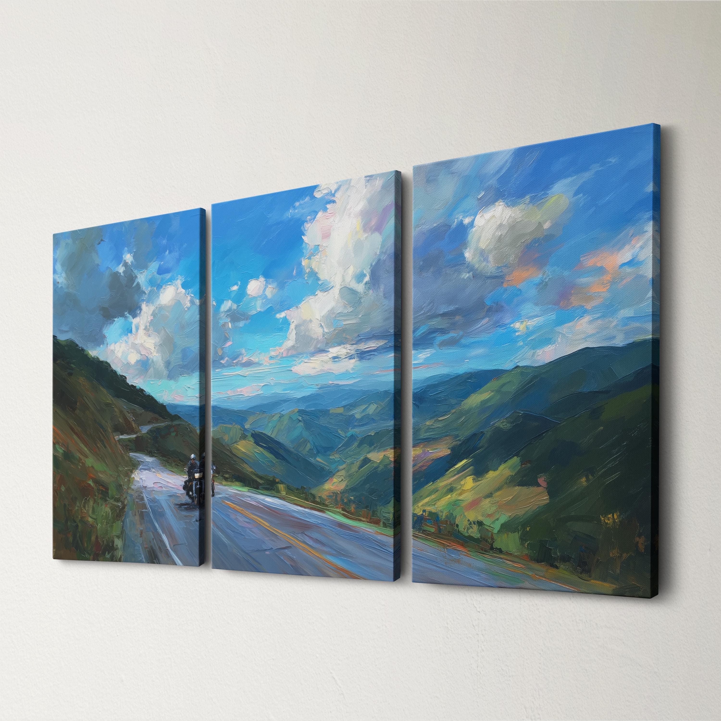 Motorcycle Mountain Pass 3 Panel Split Canvas Wall Art Scenic Road