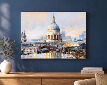 St Paul's Cathedral London Canvas Wall Art, Blue and Gold Painterly Cityscape, British Landmark Decor for Living Room or London Travel Gift