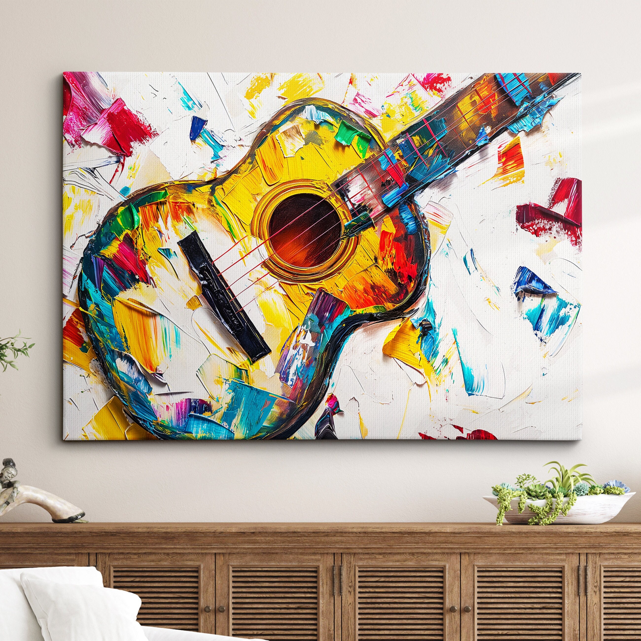 Guitar Abstract Oil Painting Musical Instrument Wall Art Framed