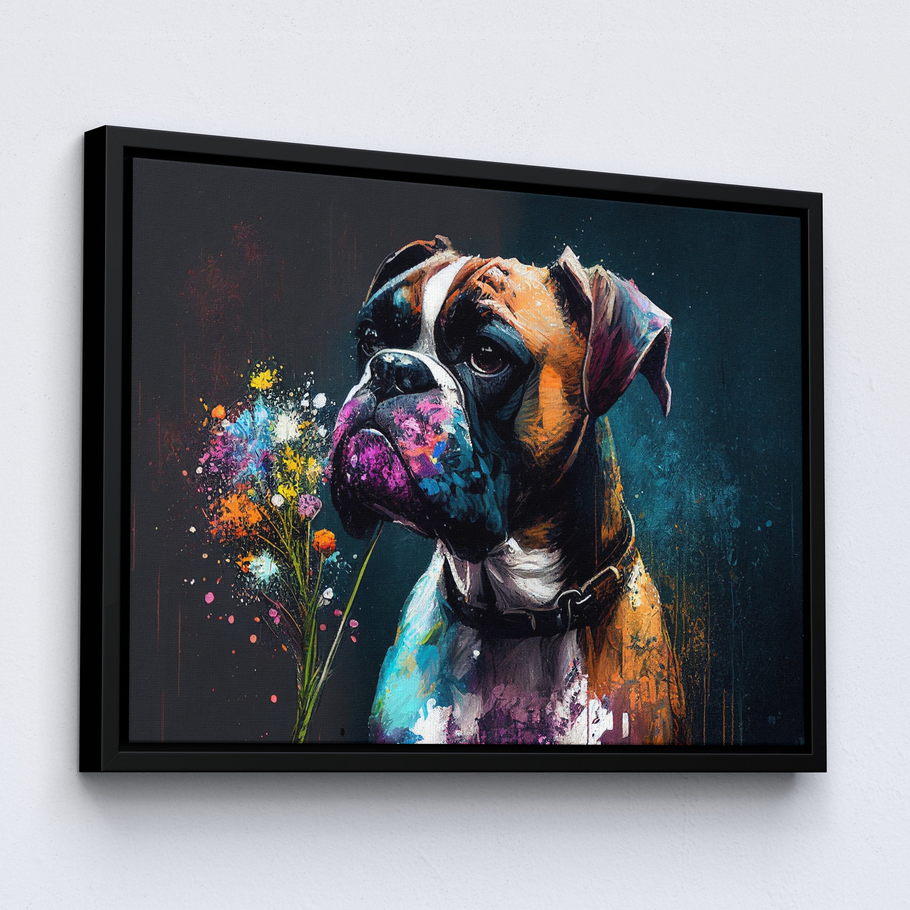 Boxer With Flowers Dog Pet Abstract Modern Oil Painting Wall Art