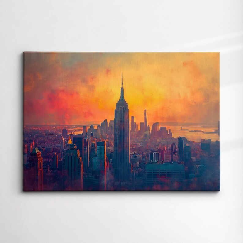 New York City Skyline Sunset America Landmark Oil Painting Style Wall ...
