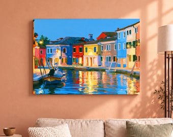 Burano Canal Canvas Wall Art, Colourful Italian Village Painting, Water Reflections, Venice Inspired Living Room Decor, Italy Travel Gift