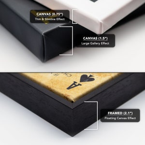 May include: Close-up of the corner of a framed canvas print with a black frame. The frame is 2.1 inches wide and has a floating canvas effect. The print is of an ace of spades playing card.
