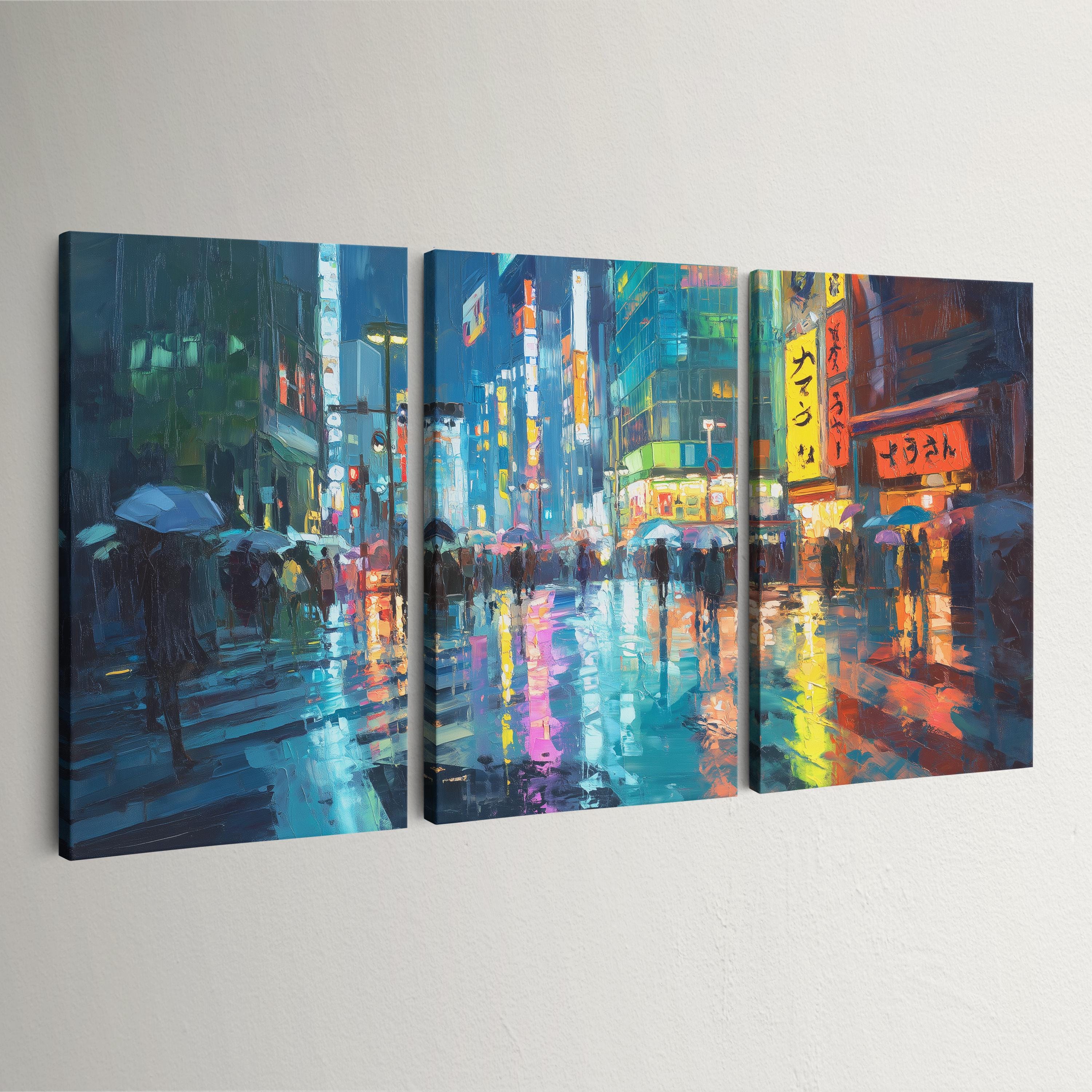 Tokyo Street Scene 3 Panel Split Canvas Wall Art Neon Signs in