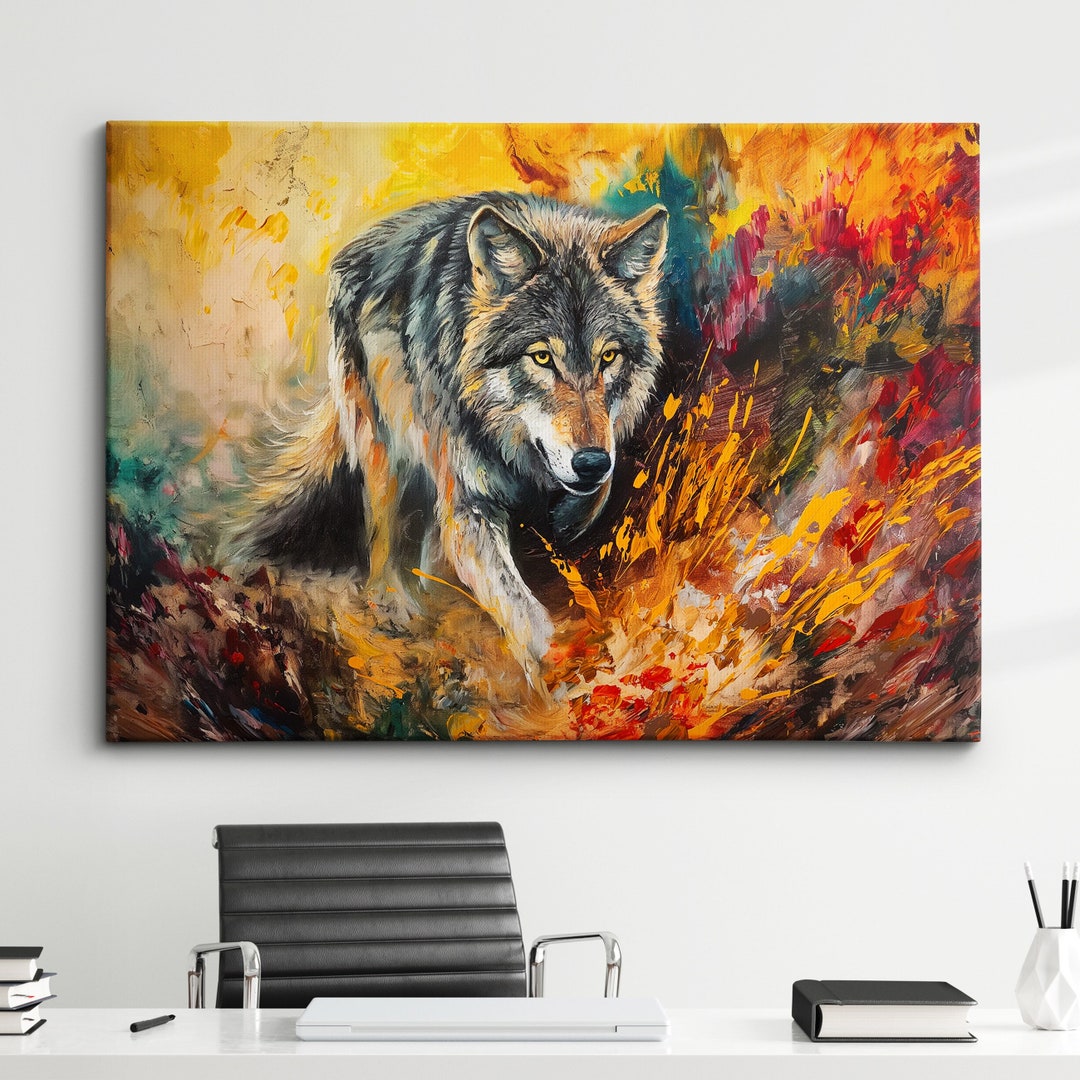 Wild Wolf Animal Abstract Modern Painting Wall Art, Framed Canvas
